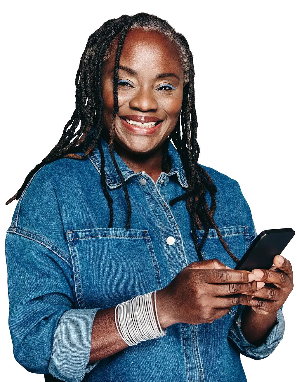 Senior African American woman smiling holding her cell phone