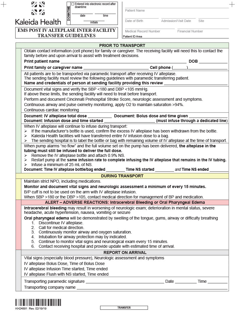EMS Post IV Alteplase Inter-Facility Transfer Guidelines